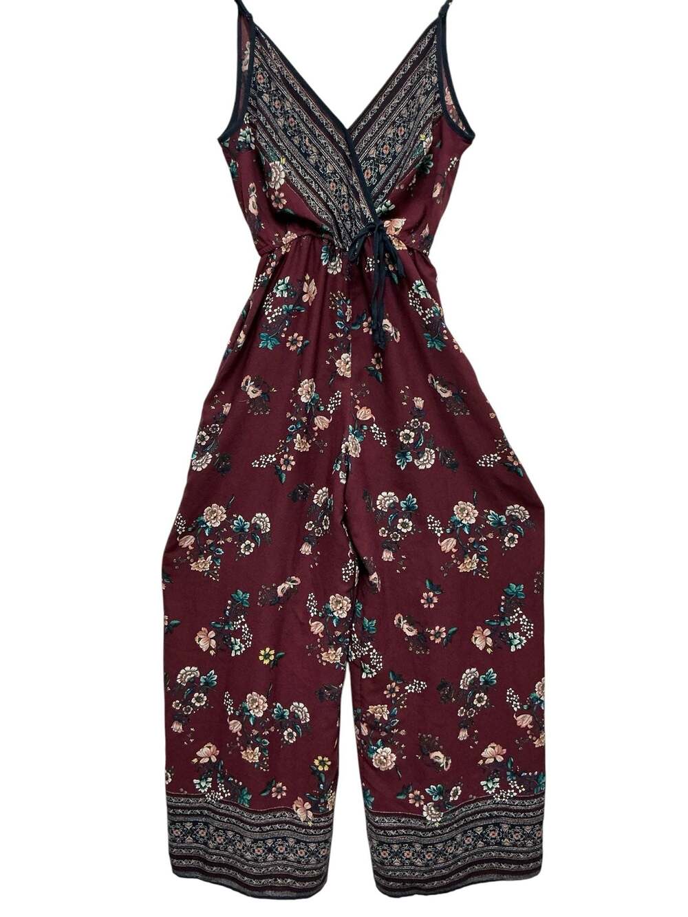 Xhilaration Maroon Floral V-Neck Spaghetti Strap Jumpsuit Size M - Picture 1 of 10